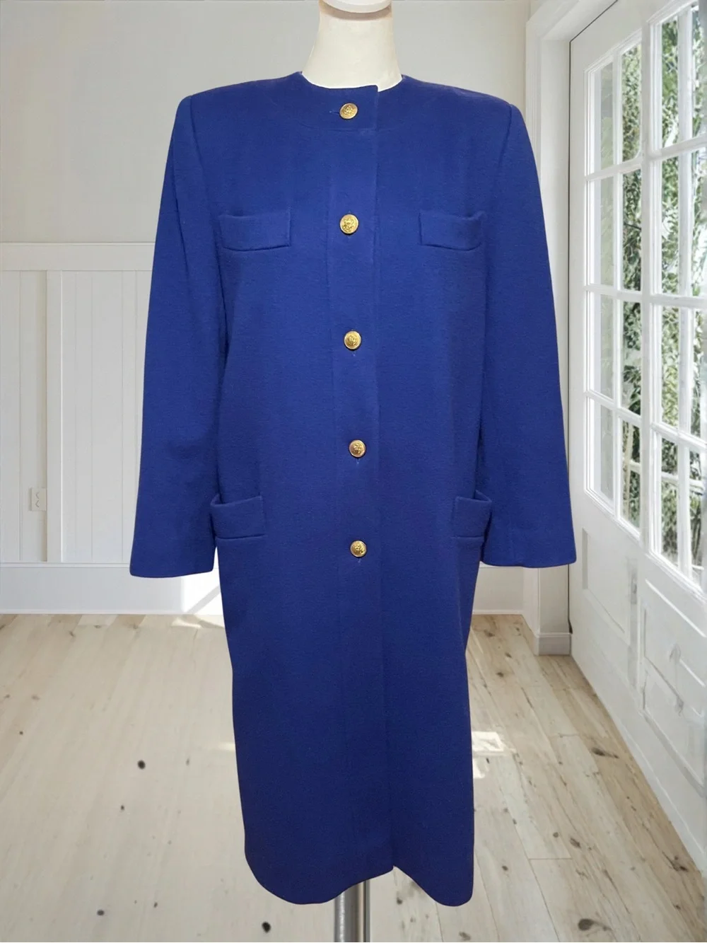 Vintage FLEURETTE Women's Coat Wool Scarf Set Royal Blue Power Shoulder 8